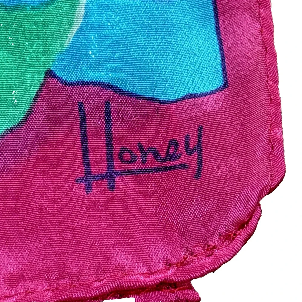 Vintage Honey Pure Silk Scarf Pink Purple Roses Flower Power Blue Green Floral